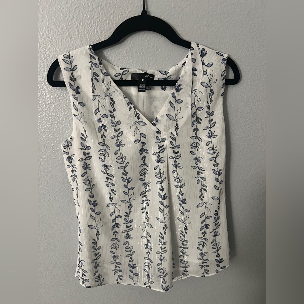 Aqua V-Neck White and Blue Vine Print Blouse